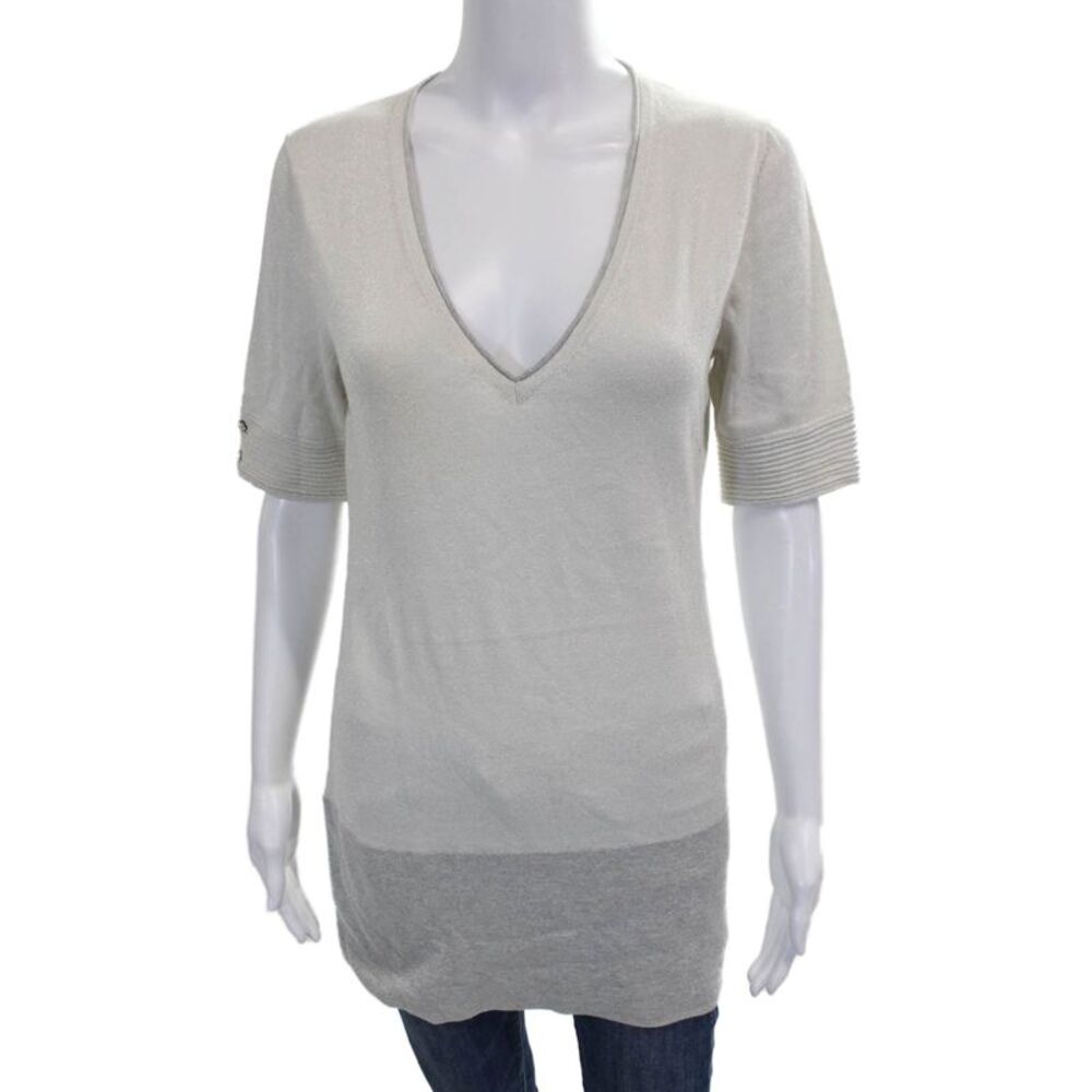 Iisli Womens Tunic Sweater V-Neck Short Sleeve Cotton Silver Size M